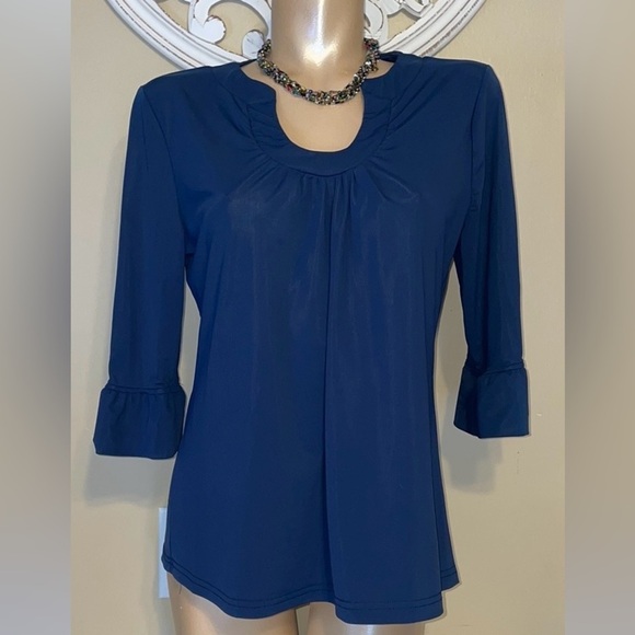 Aryeh womens blouse large 12 14 Navy Blue bell sleeve stretch business casual - Picture 1 of 7